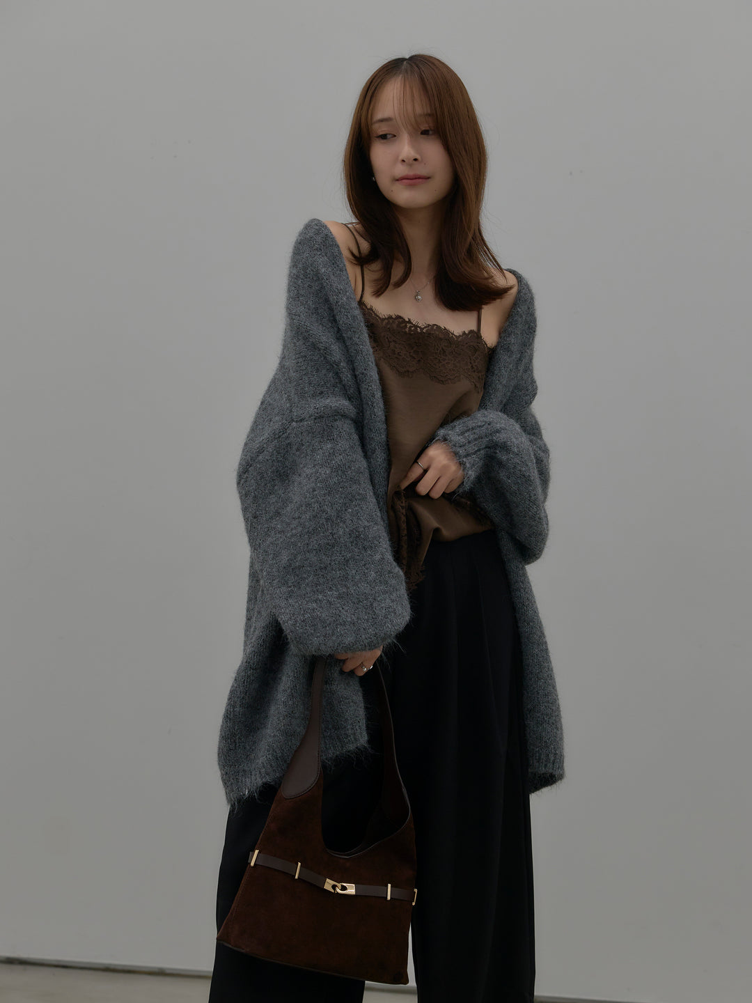 【SET】モヘアライクオーバーニットカーディガン+レースサテンキャミソール(2set)