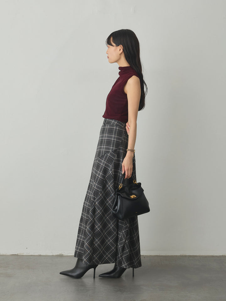 【SET】メッシュベロアノースリーブトップス+クラシカルチェックパネルスカート(2set)