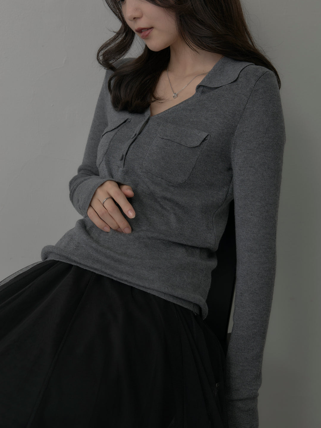 【SET】ポケットデザインリブニットトップス+ボリュームチュールスカート(2set)