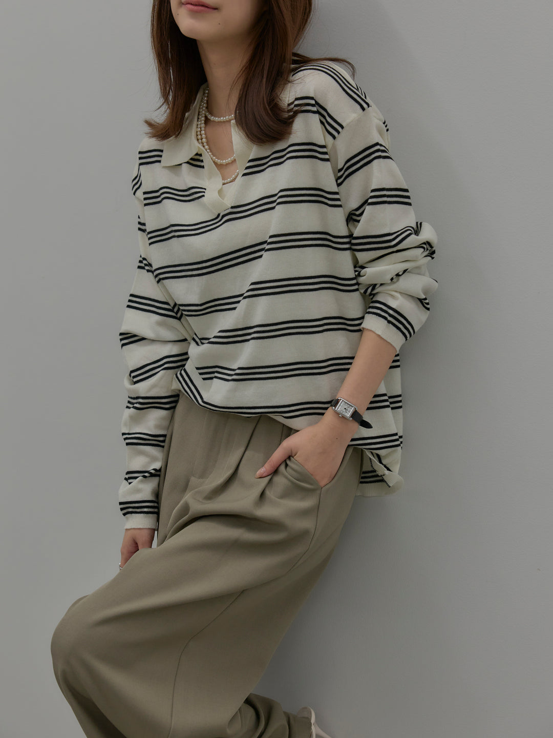 ボーダーポロ襟ニットプルオーバー