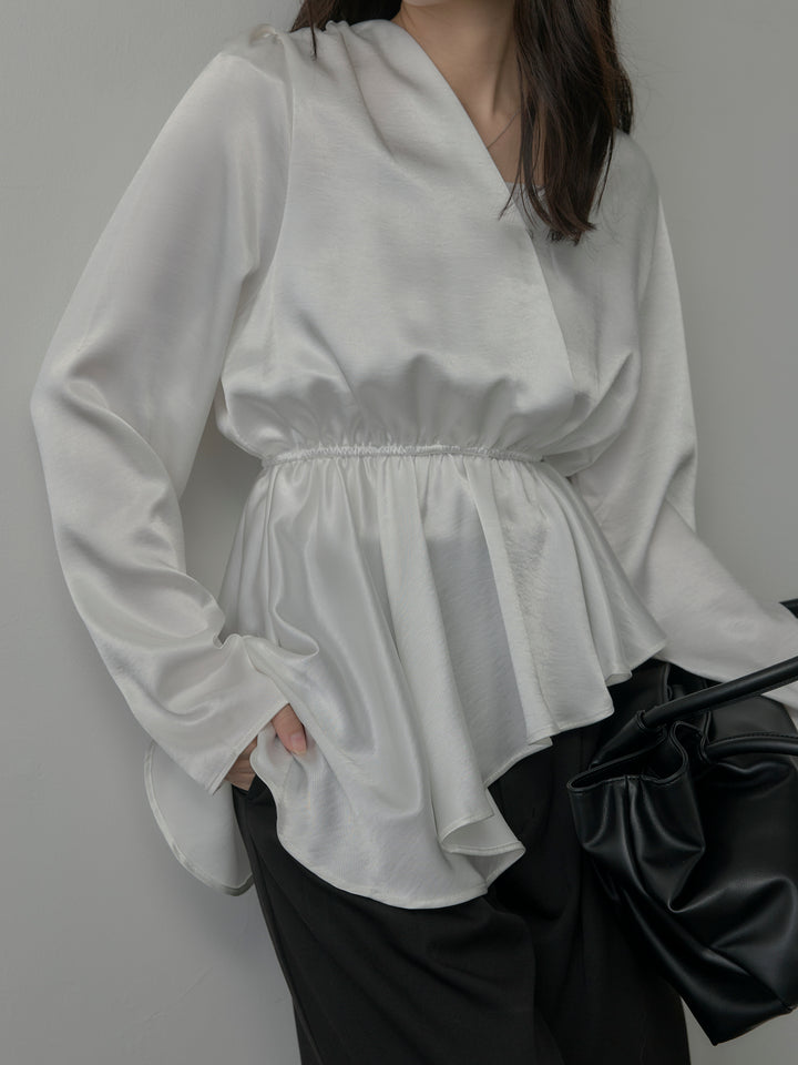 【SET】Vネックアシメサテンブラウス+【Essential】３タックスラックス(2set)