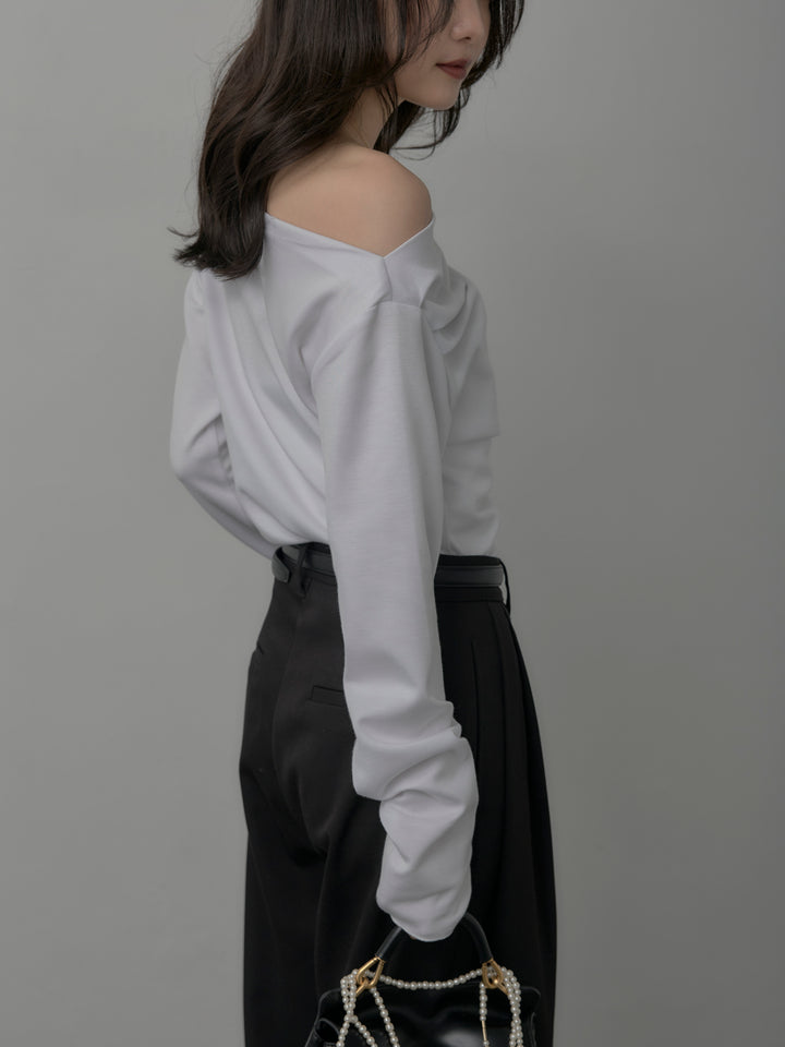 【SET】【Essential】2wayショルダードレープカットトップス+【Essential】３タックスラックス(2set)