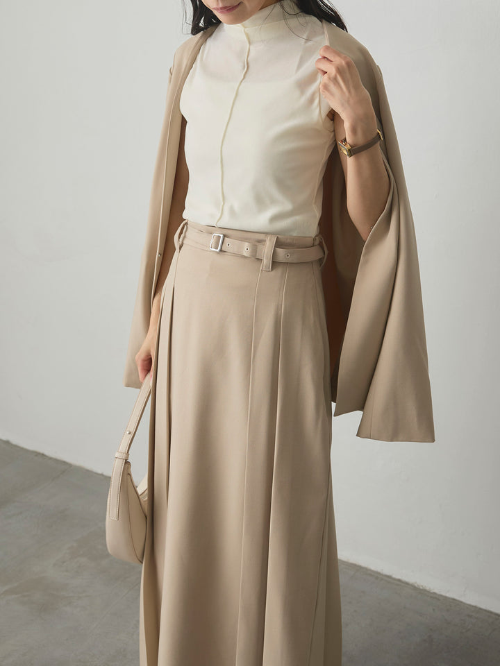 【SET】【Essential】フロントホックノーカラージャケット+メッシュベロアノースリーブトップス+【Essential】ベルト付きサイドタックスカート(3set)