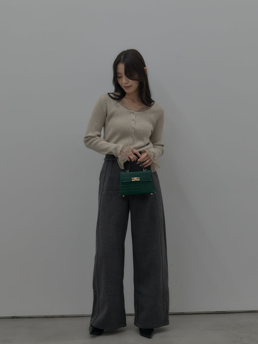 【SET】レースドッキングリブニットトップス+裏起毛デザインワイドパンツ(2set)