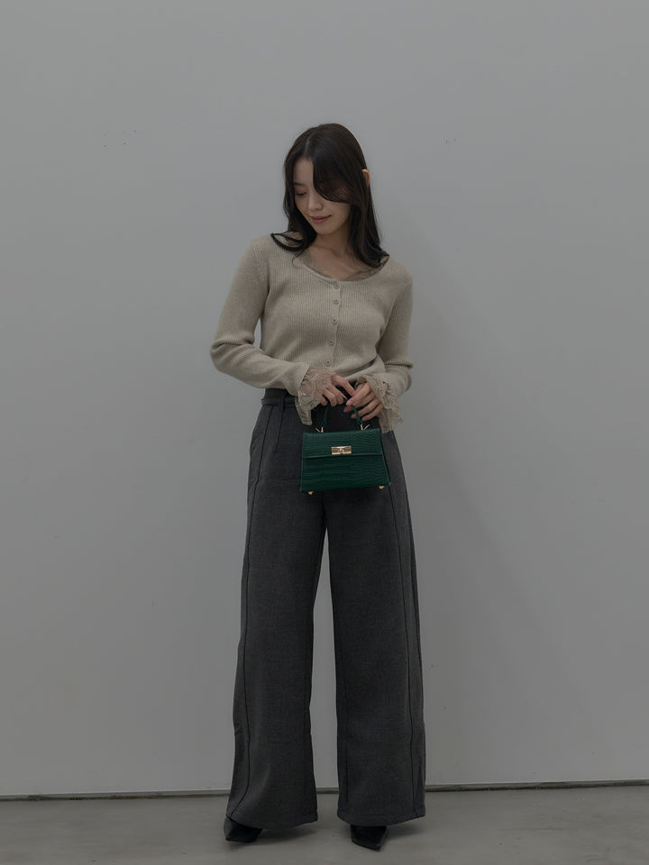 【SET】レースドッキングリブニットトップス+裏起毛デザインワイドパンツ(2set)