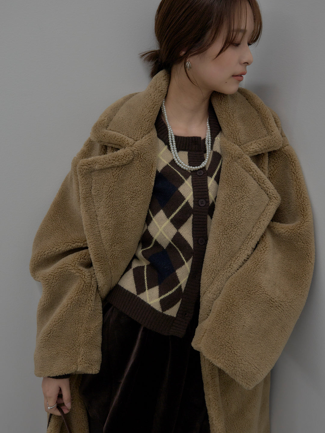 【SET】テディボアロングコート+ベロアバルーンミニスカート(インパン付き)(2set)