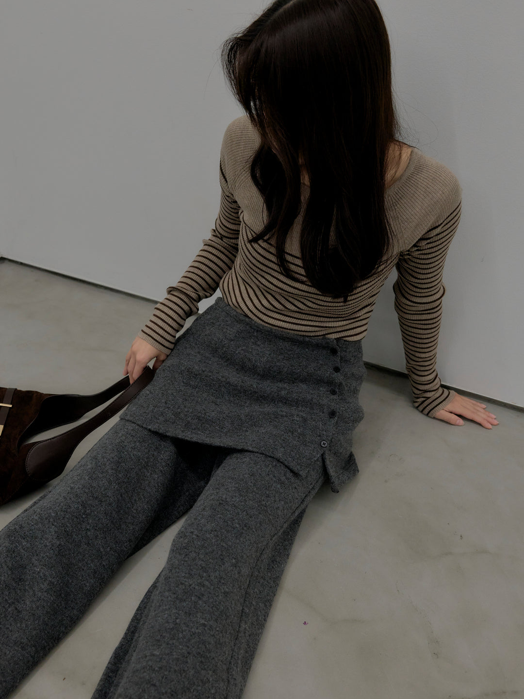 【SET】ハーフボーダーニットトップス+ミックスヤーンニットラップパンツ(2set)