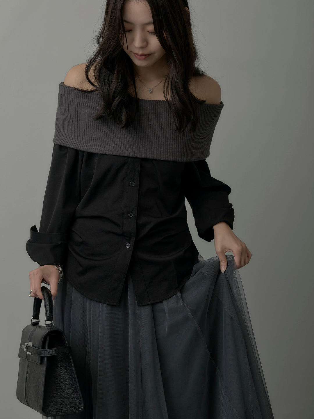 ニットシャツドッキングオフショルトップス