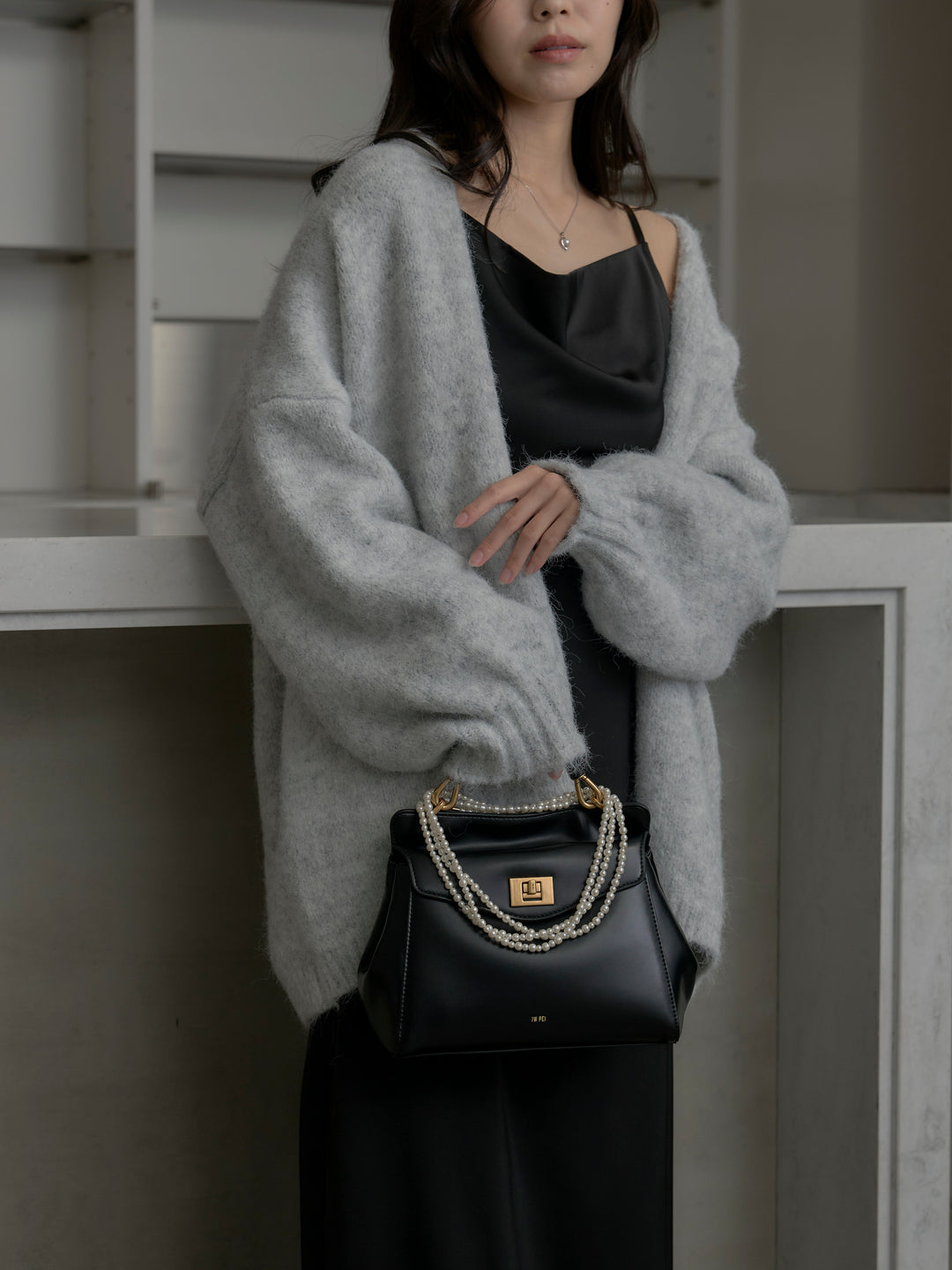 【SET】モヘアライクオーバーニットカーディガン+【Essential】サテンドレープキャミワンピ(2set)