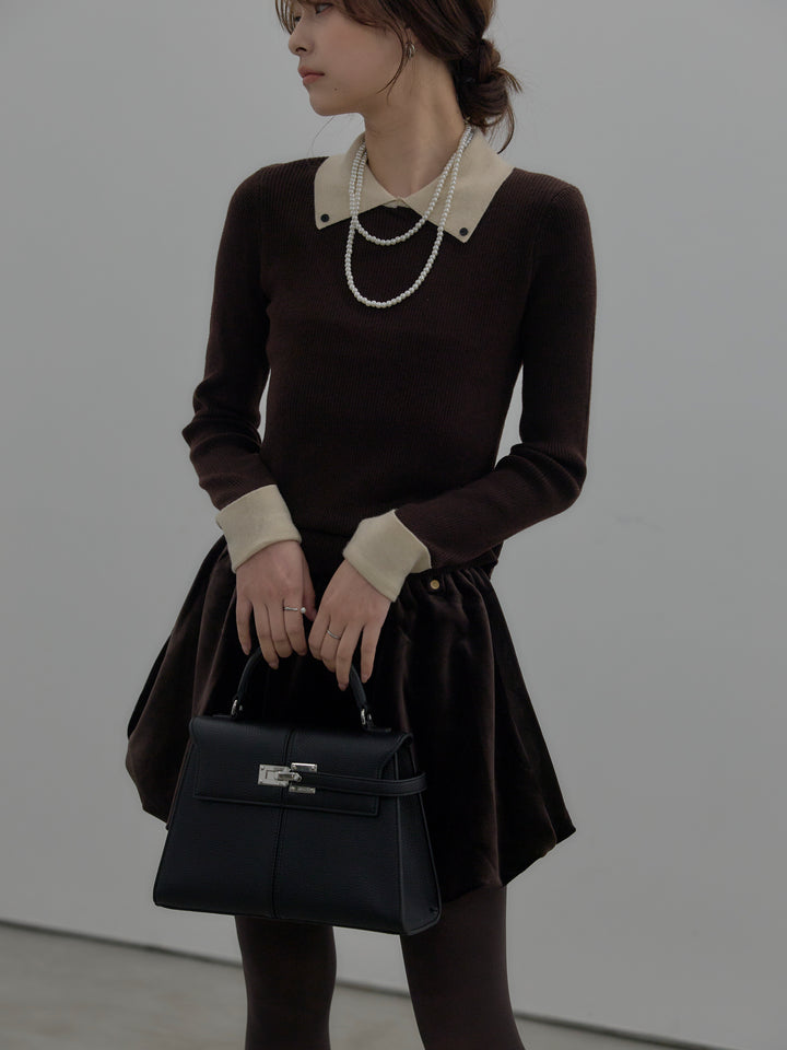 【SET】配色カフスニットポロ+ベロアバルーンミニスカート(インパン付き)(2set)