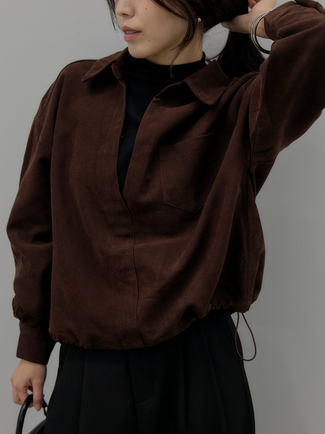 【SET】ドッキングデザイン裾ドロストスエードシャツ+デザインタックワイドパンツ(2set)