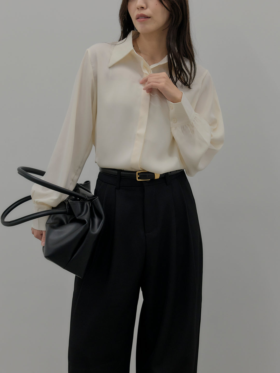 【SET】比翼仕立てサテンシャツ+デザインタックワイドパンツ(2set)