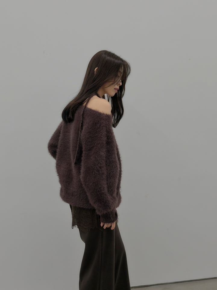 【SET】ネックリボンワンショルダーシャギーニット+レースレイヤードセミフレアパンツ(2set)