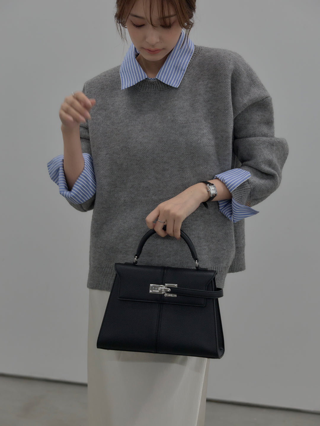 【SET】シャツドッキング肉厚ニットプルオーバー+ナローAラインサテンスカート(2set)