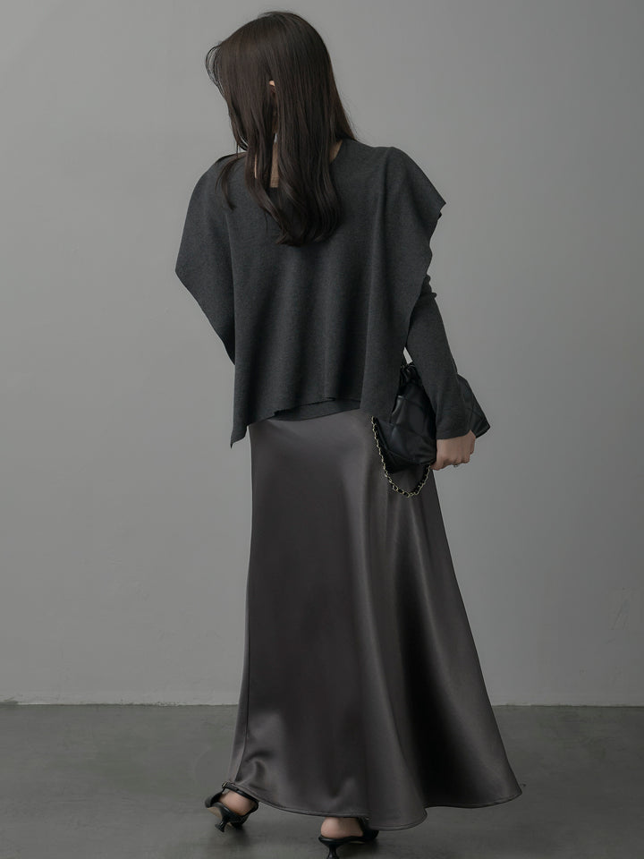 【SET】2wayリブニットポンチョトップス+ヘビーサテンAラインスカート(2set)