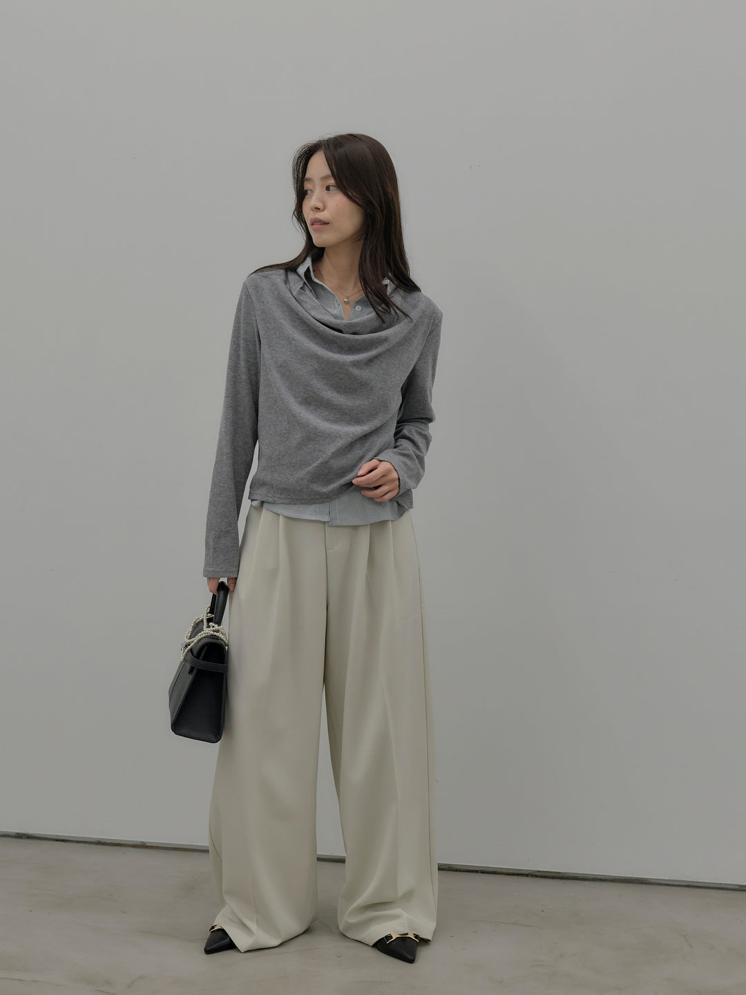 【SET】シャツレイヤードドレープニットトップス+デザインタックワイドパンツ(2set)