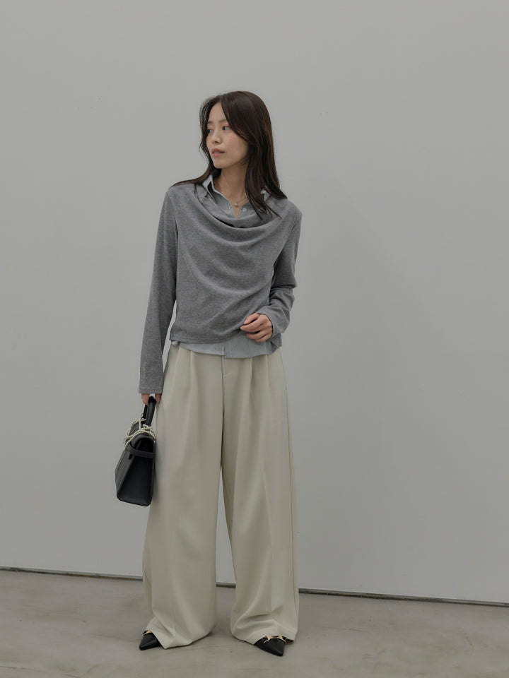 【SET】シャツレイヤードドレープニットトップス+デザインタックワイドパンツ(2set)