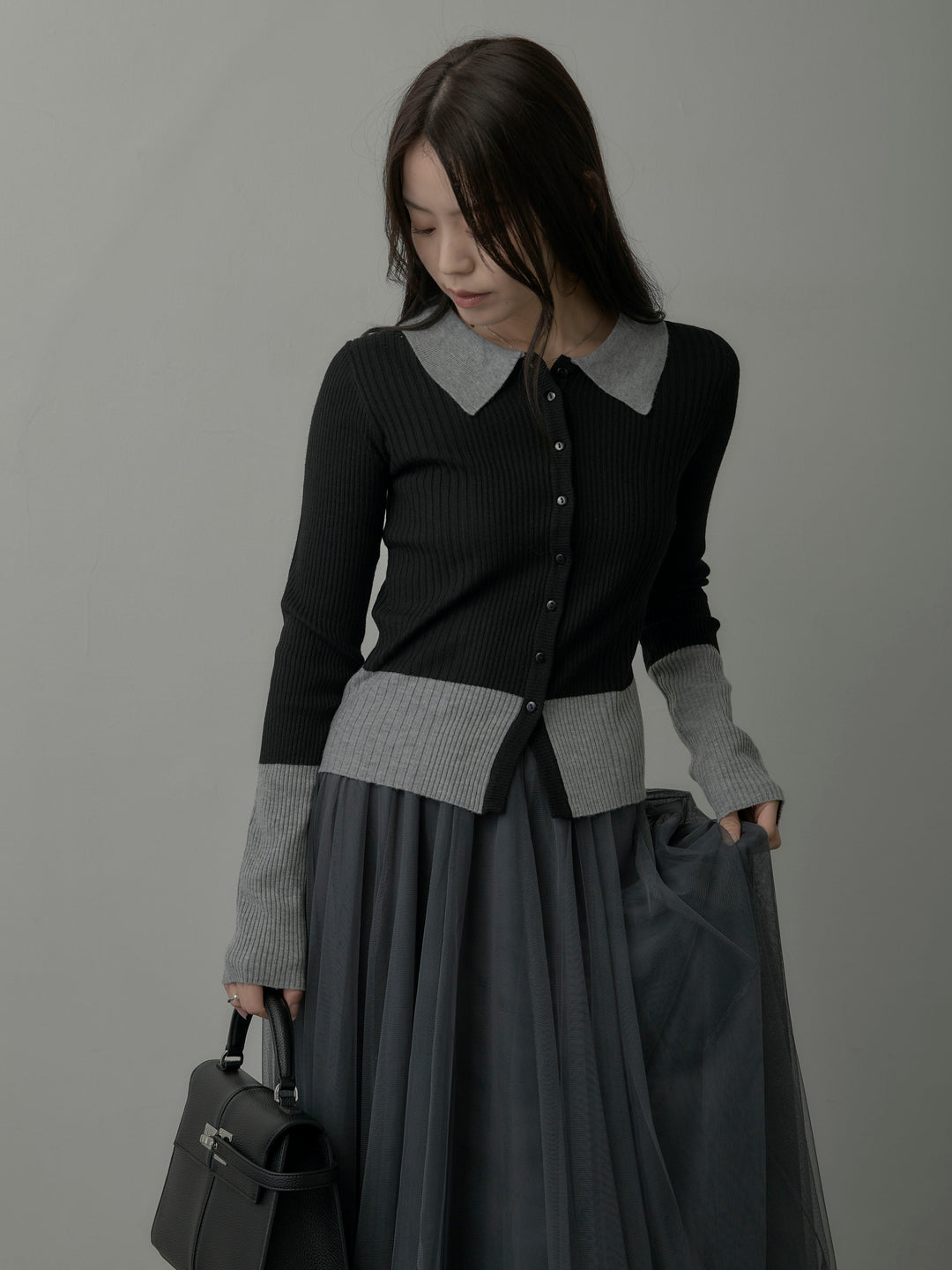 【SET】バイカラーリブニットポロトップス+ボリュームチュールスカート(2set)