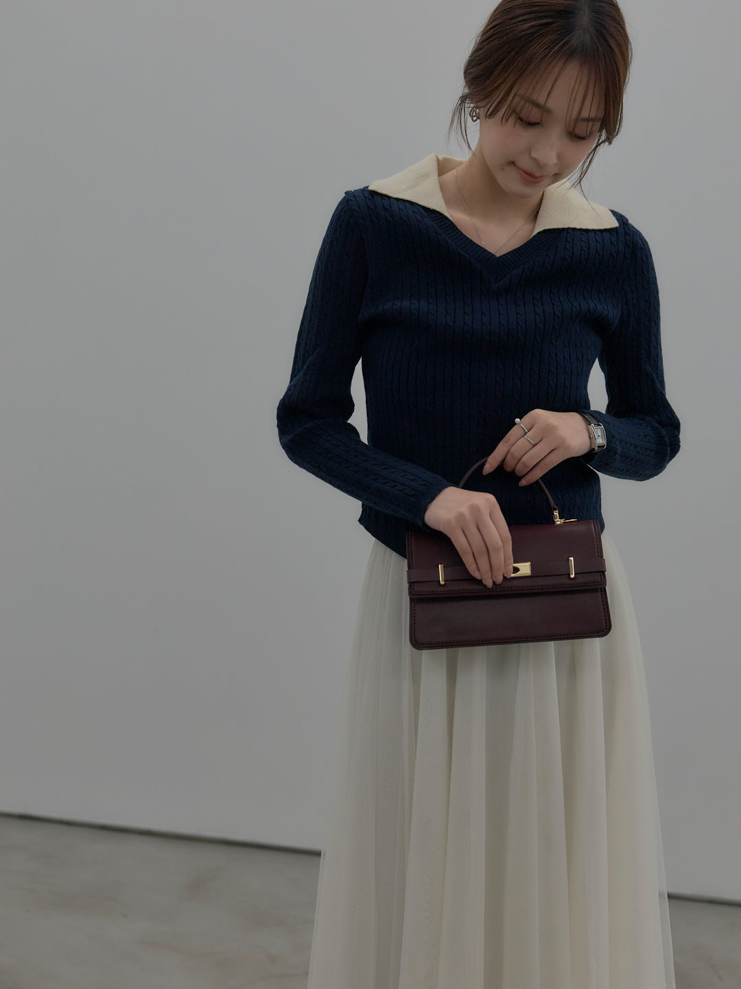 【SET】配色Vネックケーブルニットトップス+ボリュームチュールスカート(2set)