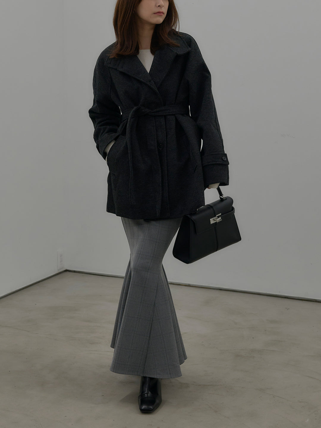 【SET】キルティングライナーウールミディアムコート+スクエアネックリブニット+【Essential】チェック柄マーメイドスカート(3set)