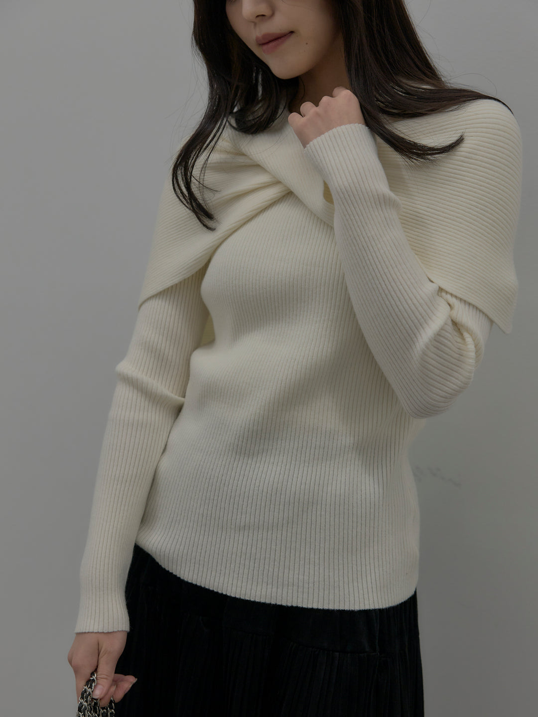 【SET】ケープライクデザインリブニットトップス+ベロアプリーツティアードスカート(2set)