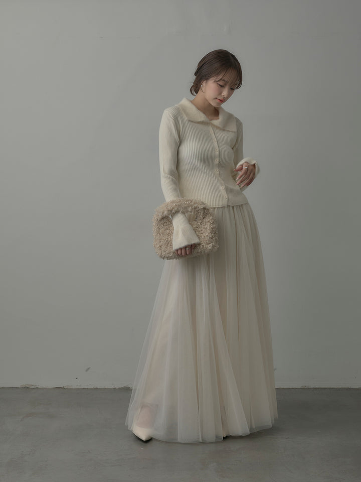 シャギー襟リブニットポロトップス