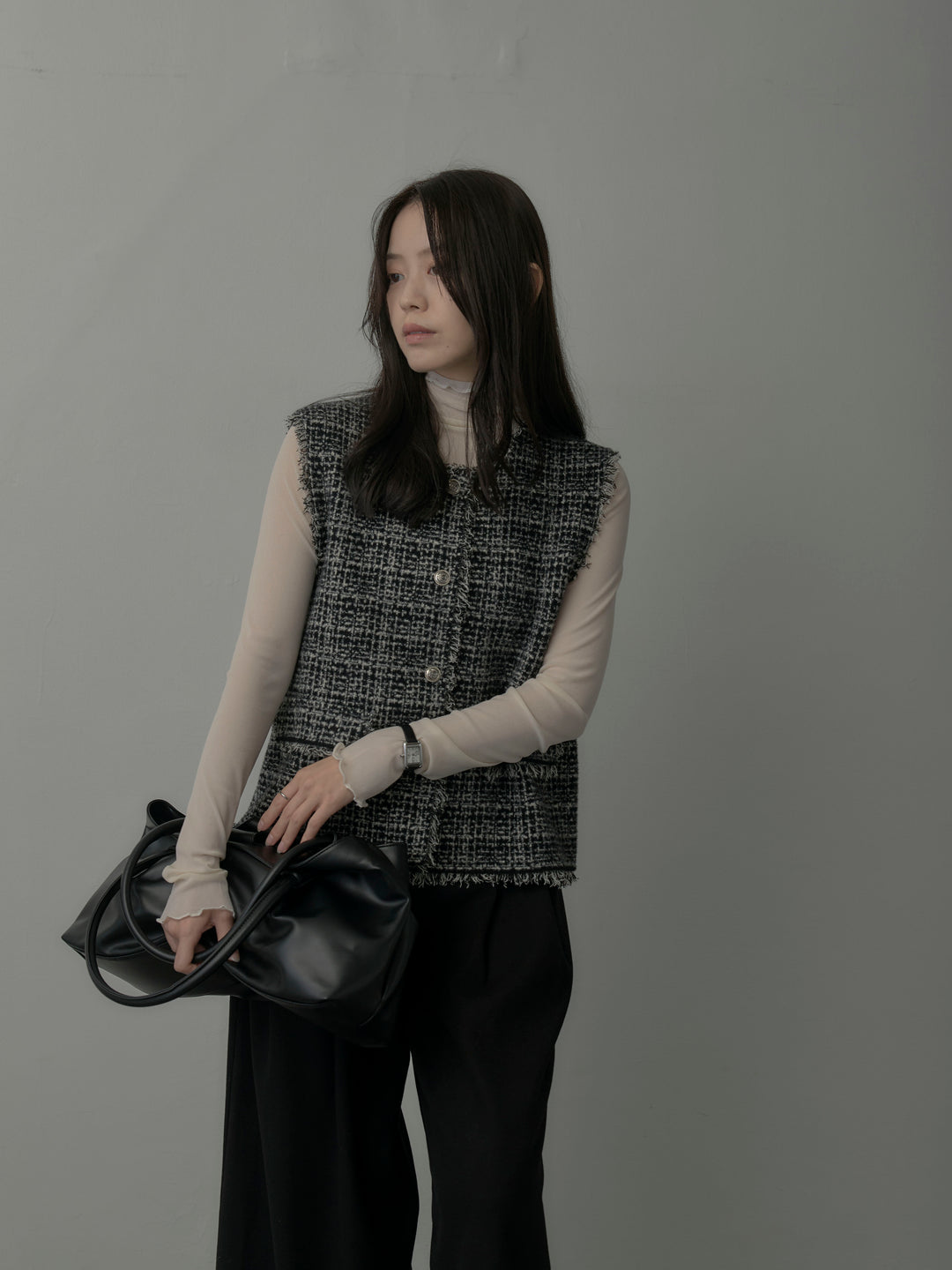 【SET】ツイードフリンジベスト+メロウフリルシアートップス+【ロープベルト付属】ウールタッチワイドパンツ(3set)