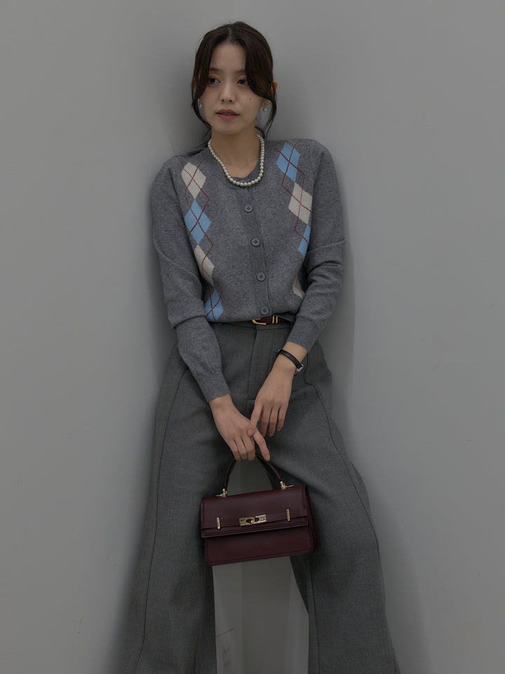 【SET】アーガイル柄ニットカーディガン+裏起毛デザインワイドパンツ(2set)