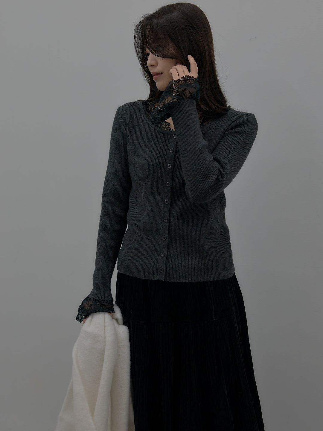 【SET】レースドッキングリブニットトップス+ベロアプリーツティアードスカート(2set)