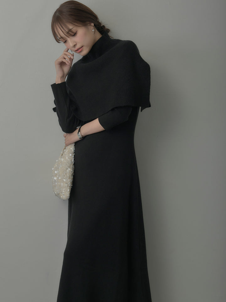 ケープ付きリブニットロングワンピース