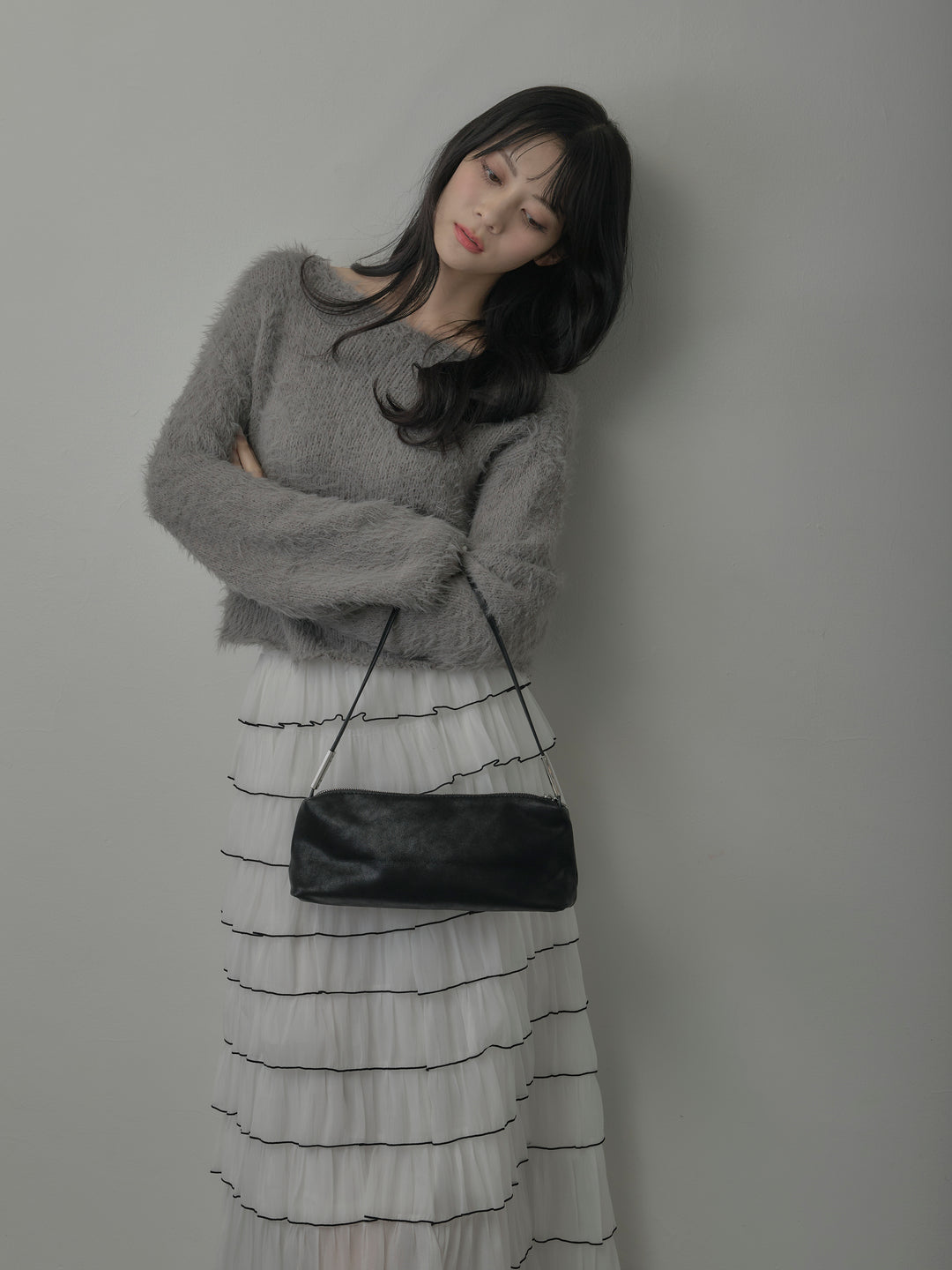 【SET】襟デザインシャギーニットトップス+バイカラーフリルチュールスカート(2set)