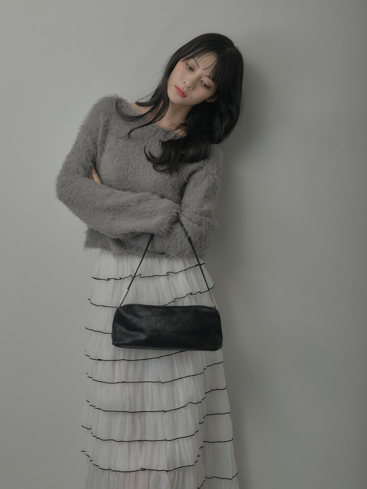 【SET】襟デザインシャギーニットトップス+バイカラーフリルチュールスカート(2set)