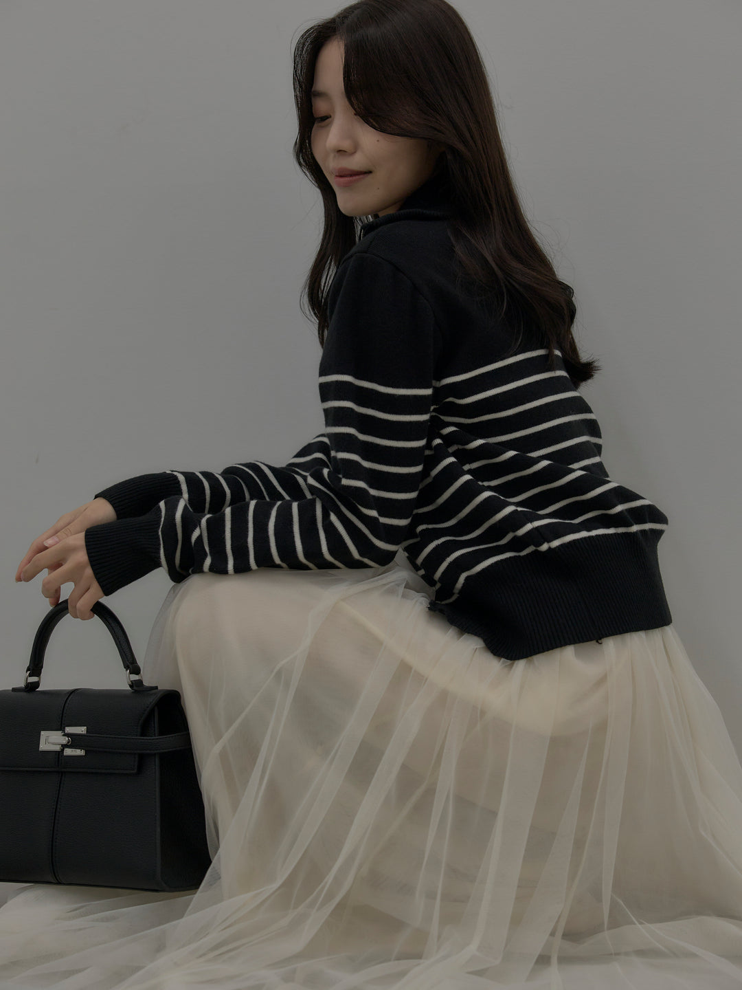 【SET】ダブルZIPハイネックボーダーニットトップス+ボリュームチュールスカート(2set)