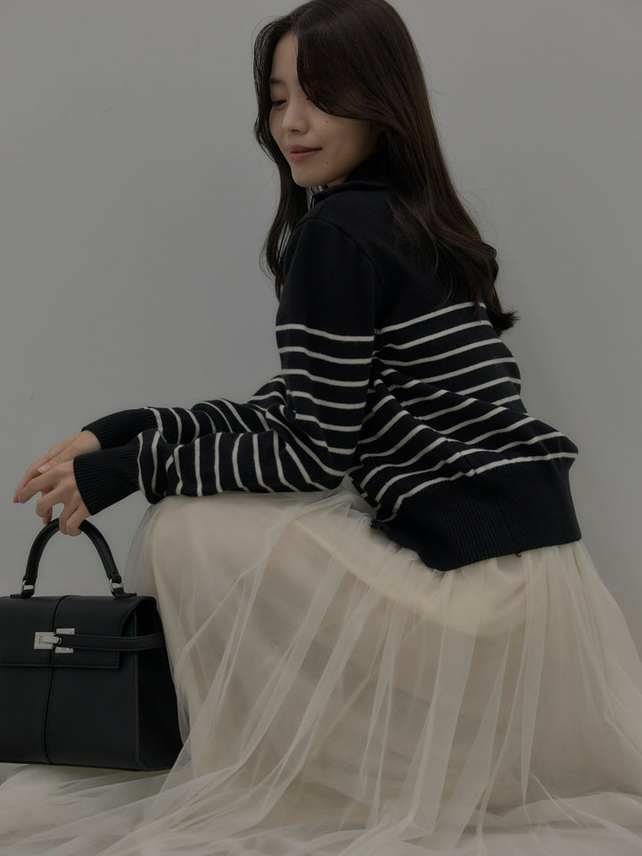 【SET】ダブルZIPハイネックボーダーニットトップス+ボリュームチュールスカート(2set)