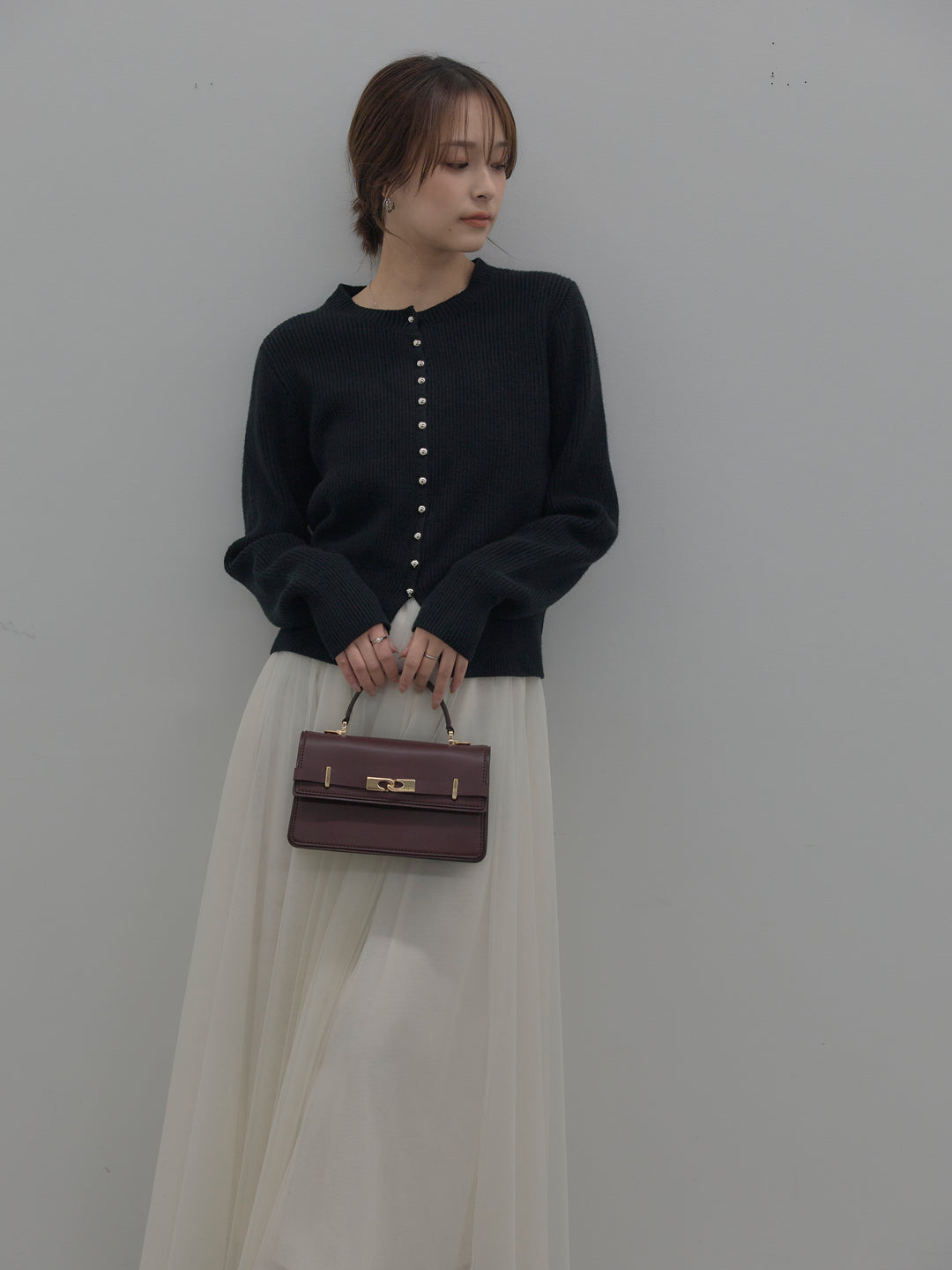 【SET】メタルボタンリブニットカーディガン+ボリュームチュールスカート(2set)