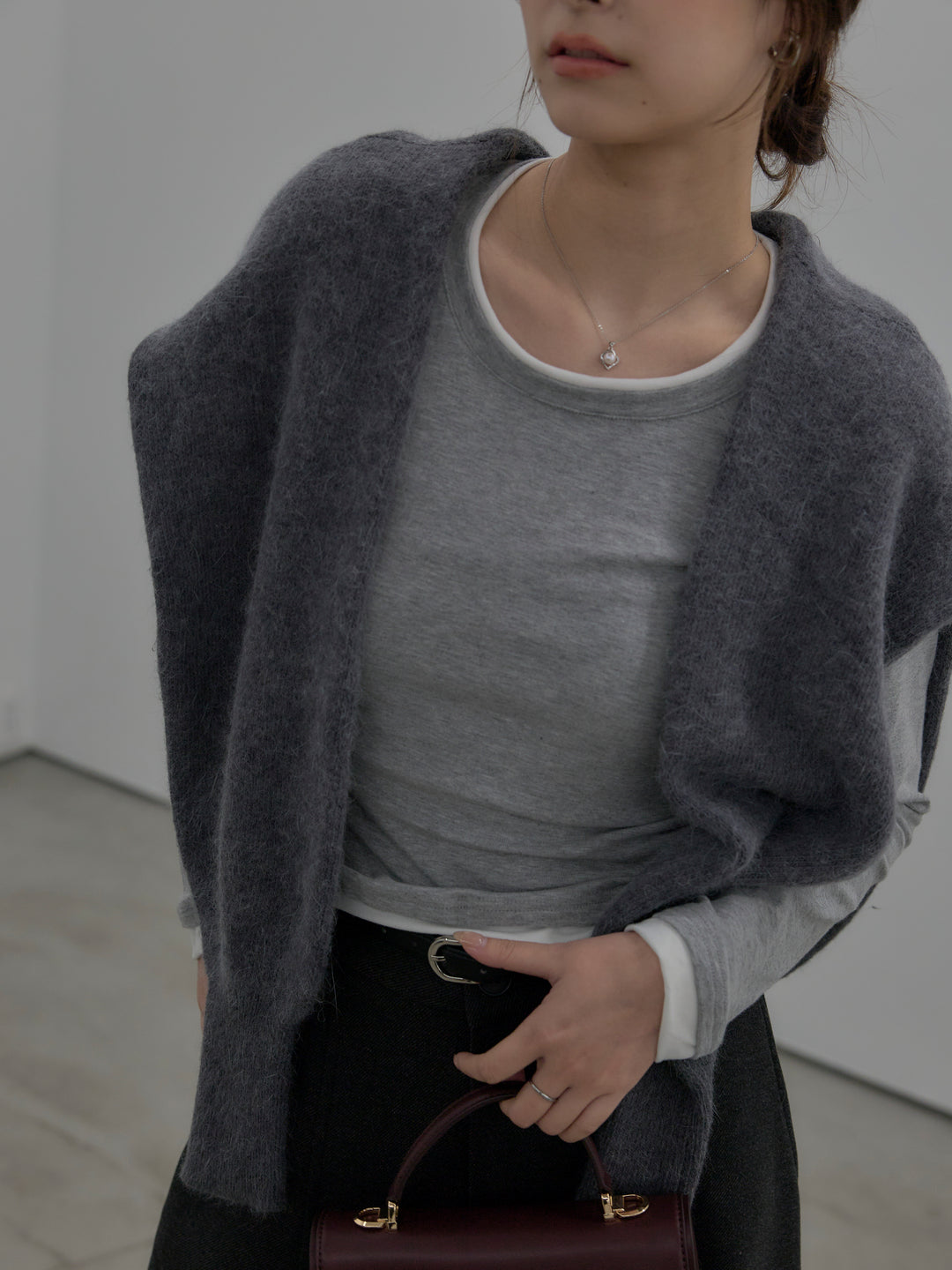 【SET】バイカラーレイヤードカットソー+カーブデザインスウェットライクパンツ(2set)