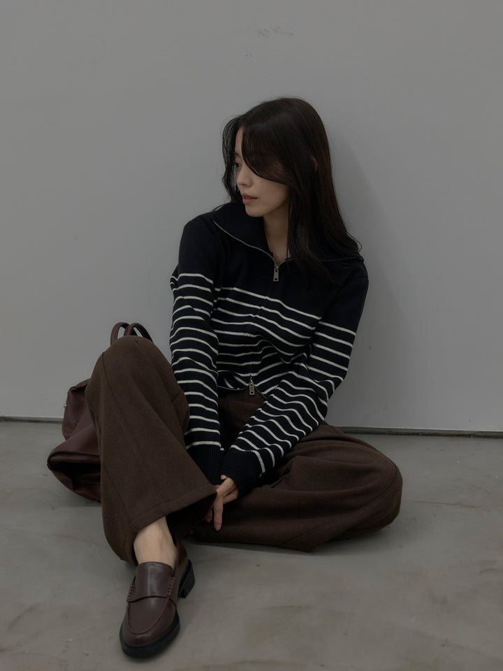 【SET】ダブルZIPハイネックボーダーニットトップス+裏起毛デザインワイドパンツ(2set)