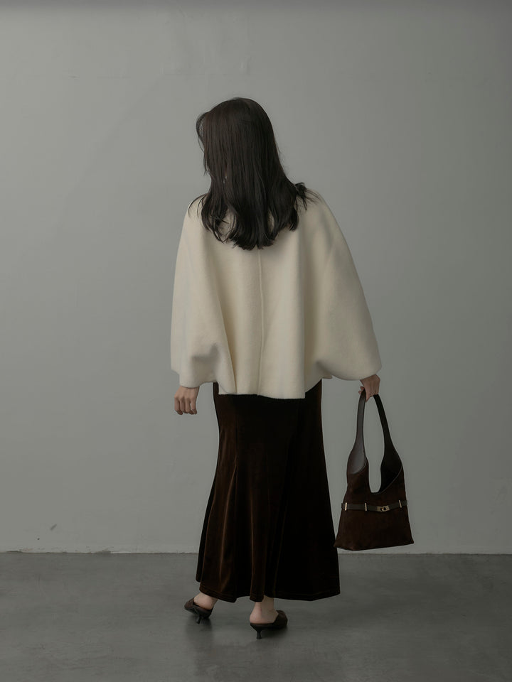 【SET】マフラー付き2WAYケープコート+リブニットタートルネック+ベロアマーメイドスカート(3set)