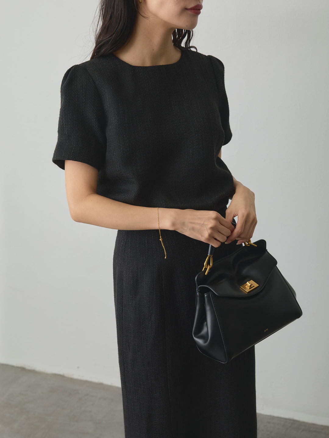 【SET】【Essential】ツイードハーフスリーブトップス+【Essential】ツイードペンシルスカート(2set)