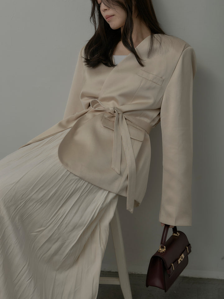 【SET】ノーカラーサテンジャケット+ベロアワッシャープリーツスカート(2set)