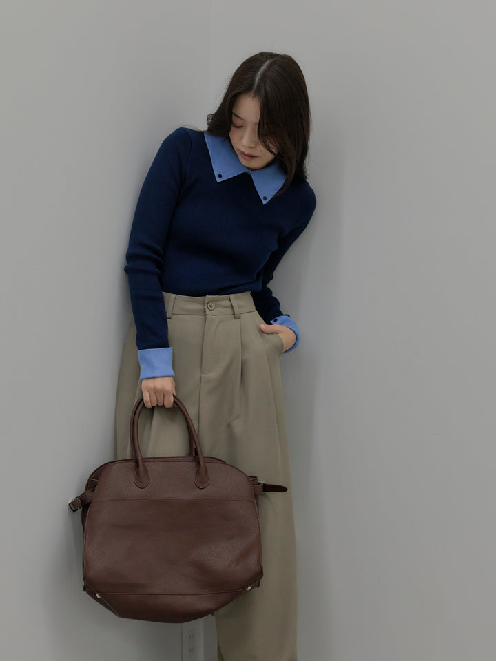 【SET】配色カフスニットポロ+デザインタックワイドパンツ(2set)