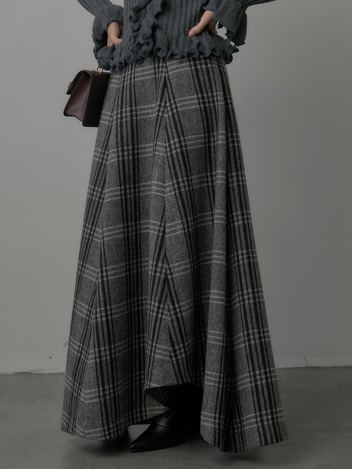 【SET】Vネックフリルデザインニットトップス+【Essential】クラシカルチェックウールタッチスカート(2set)