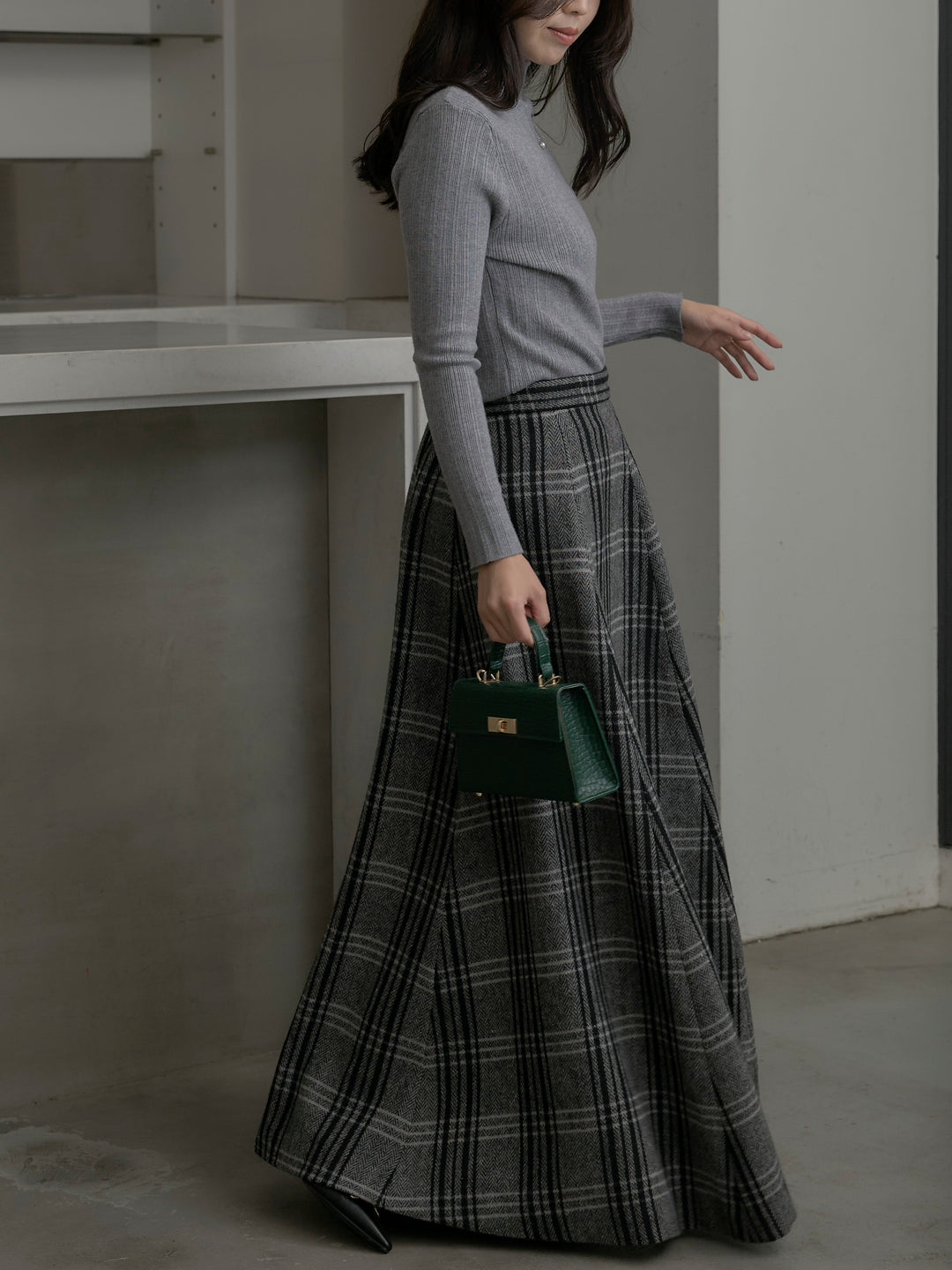 【SET】リブニットタートルネック+【Essential】クラシカルチェックウールタッチスカート(2set)