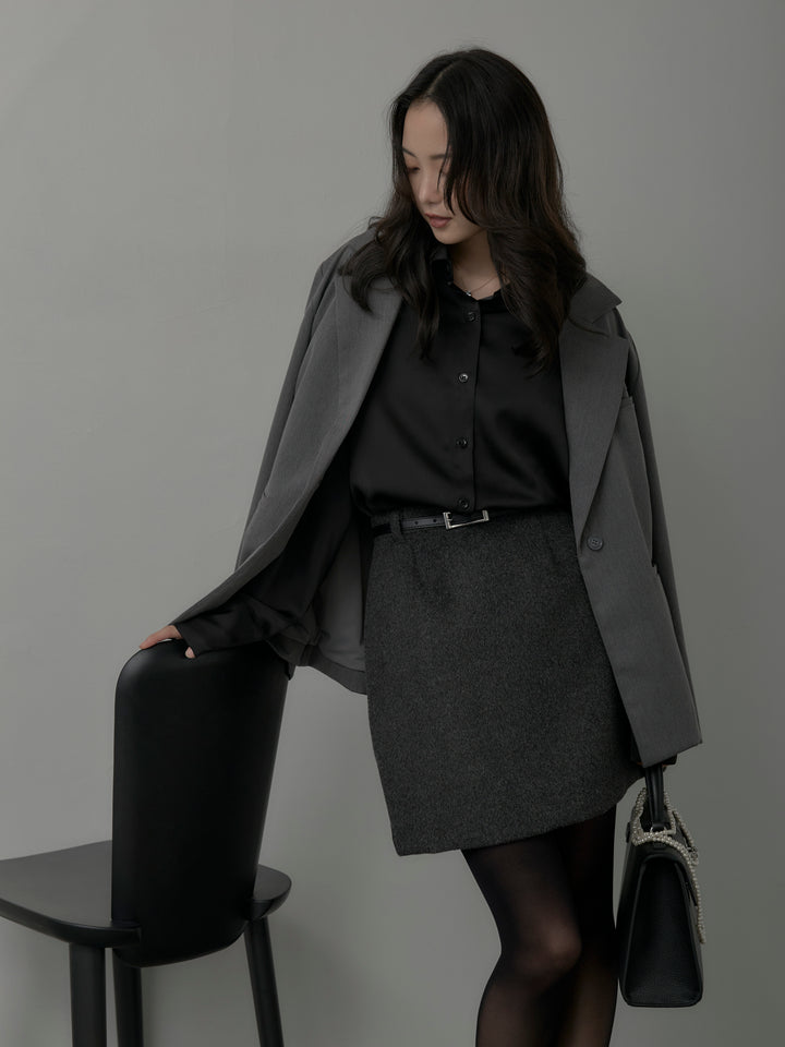 【SET】【Essential】ボックスシルエットテーラードジャケット+ケープ付きオーバーサテンシャツ+【Essential】ウールタッチミニスカート(3set)