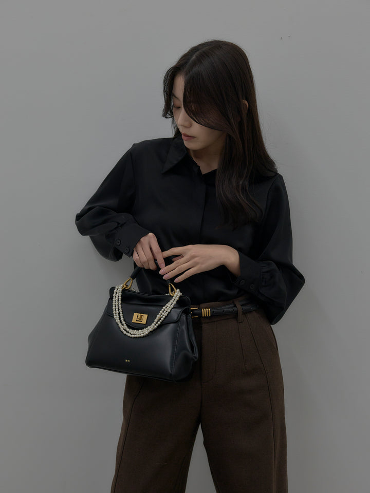 【SET】比翼仕立てサテンシャツ+裏起毛デザインワイドパンツ(2set)