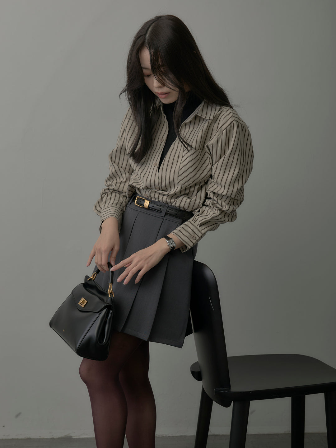 【SET】スエードタッチドッキングデザインストライプシャツ+ベルト付きプリーツミニスカート(2set)