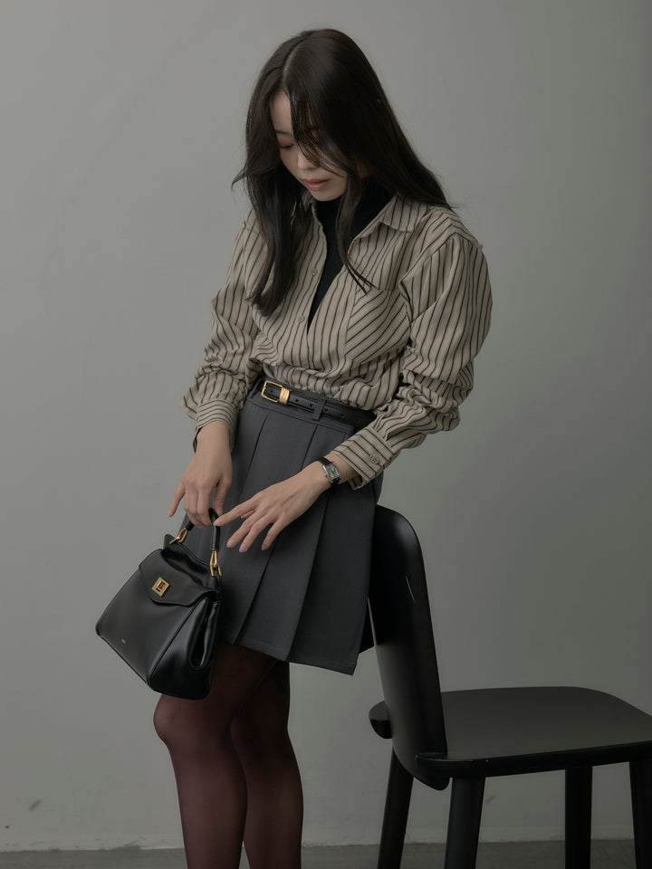 【SET】スエードタッチドッキングデザインストライプシャツ+ベルト付きプリーツミニスカート(2set)