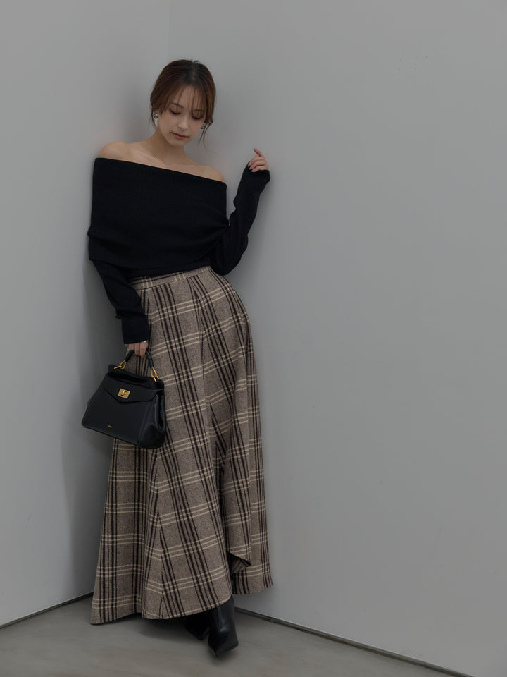 【SET】【premium touch】ソフトリブオフショルニットトップス+【Essential】クラシカルチェックウールタッチスカート(2set)