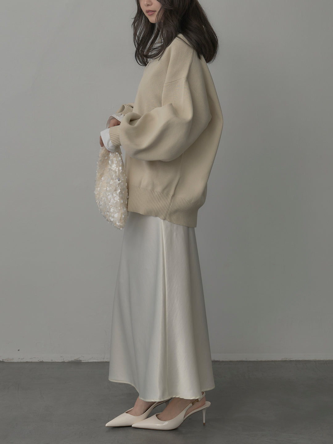 【SET】襟付きポロトップス+ナローAラインサテンスカート(2set)