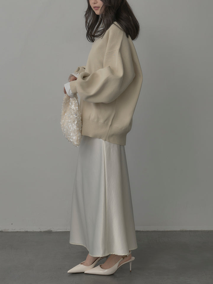 【SET】襟付きポロトップス+ナローAラインサテンスカート(2set)